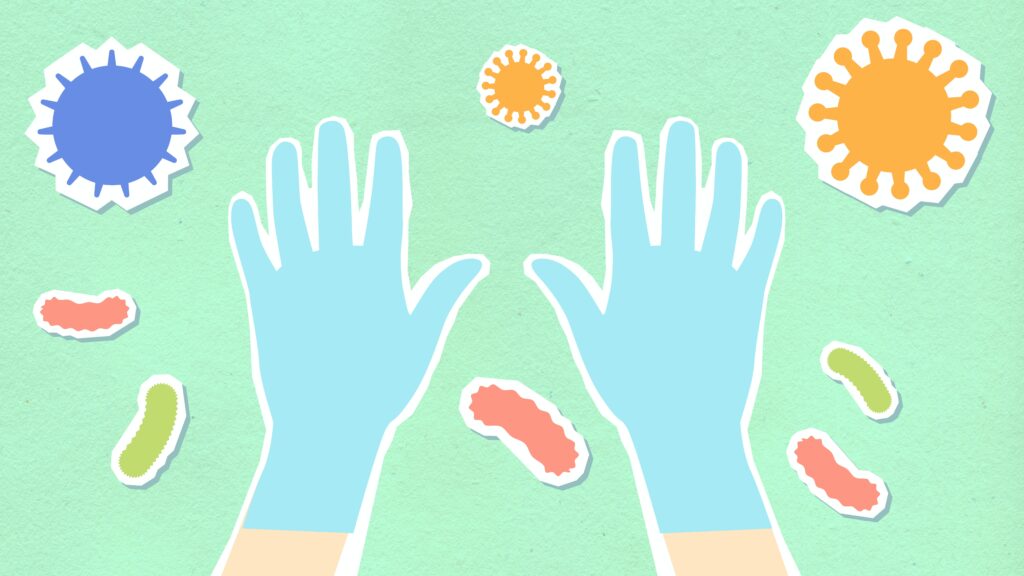 illustration of gloved hands and germs